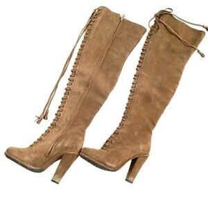Allsaints Stepney Brown Suede Over the Knee Lace Up Tassel Western Boots 36 US6